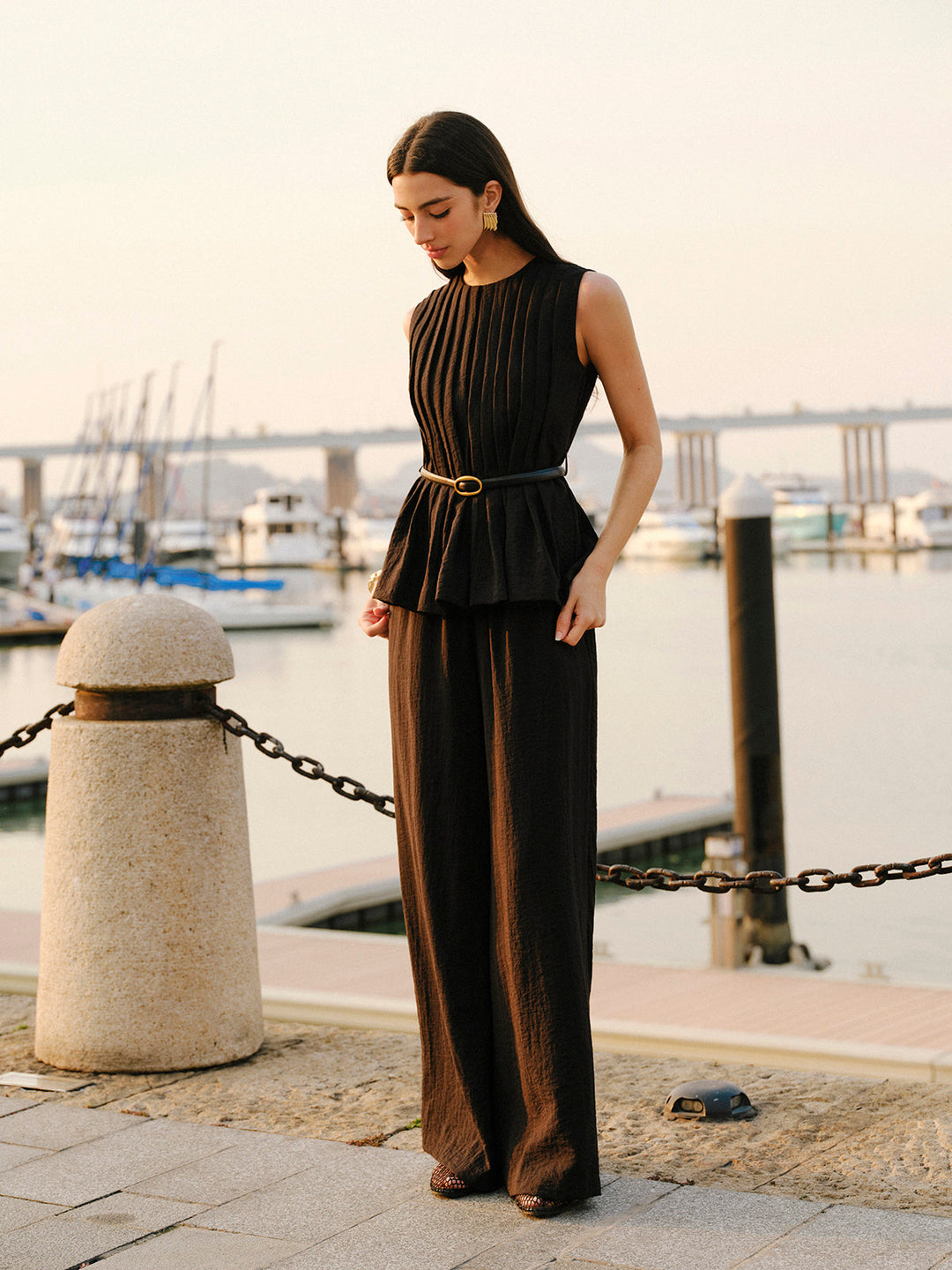 Peplum Top Wide-Leg Pants Set With Belt