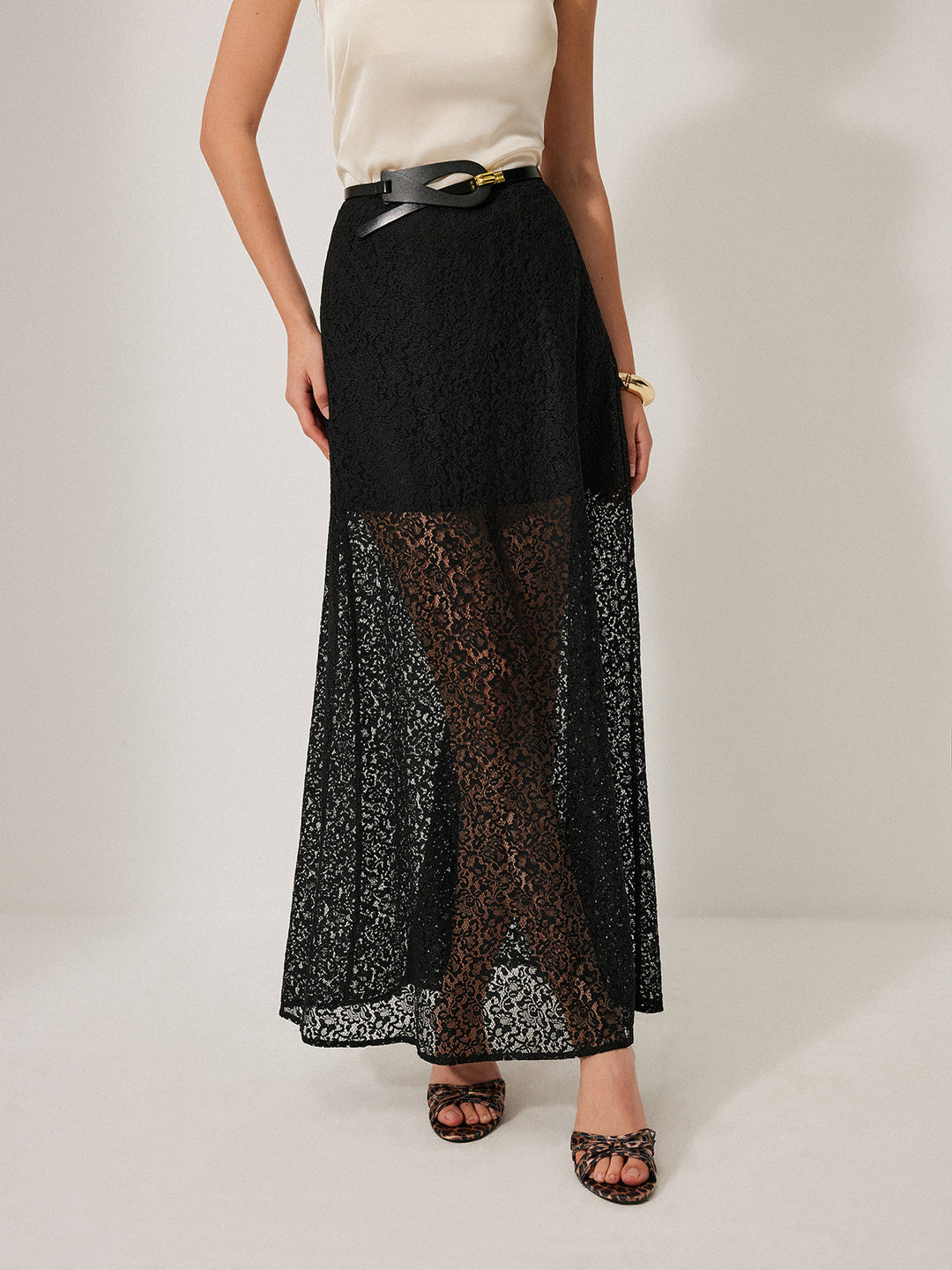 Semi-Sheer Lace Skirt Without Belt