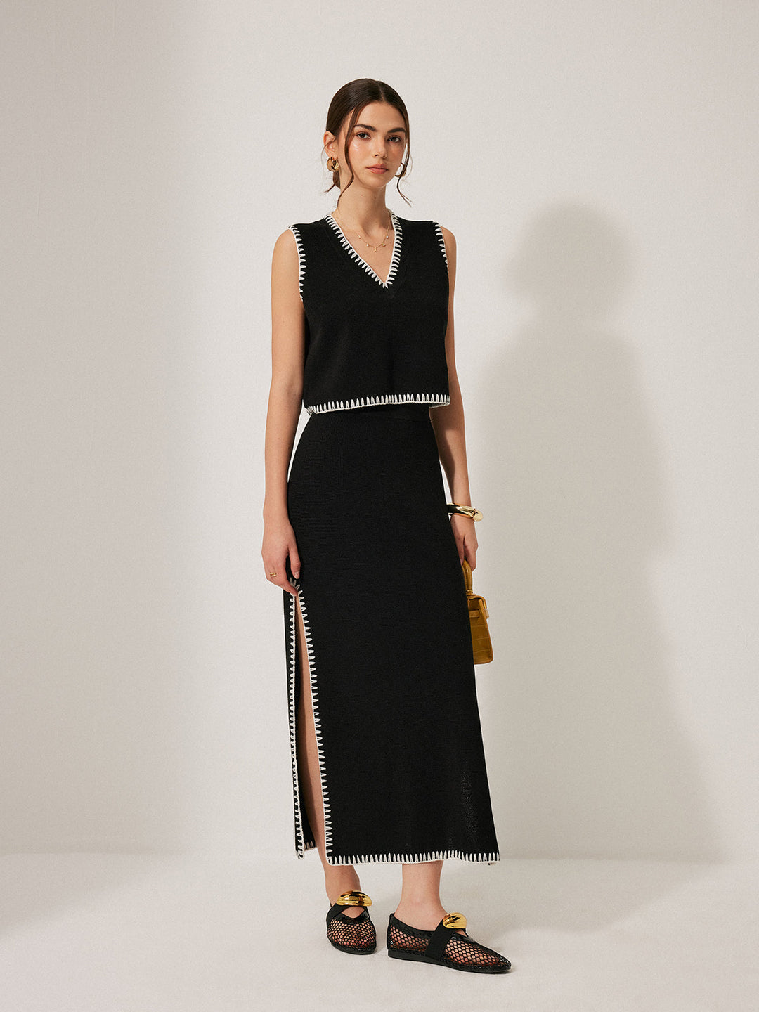 Contrast Trim Knit Tank Top With Skirt Set