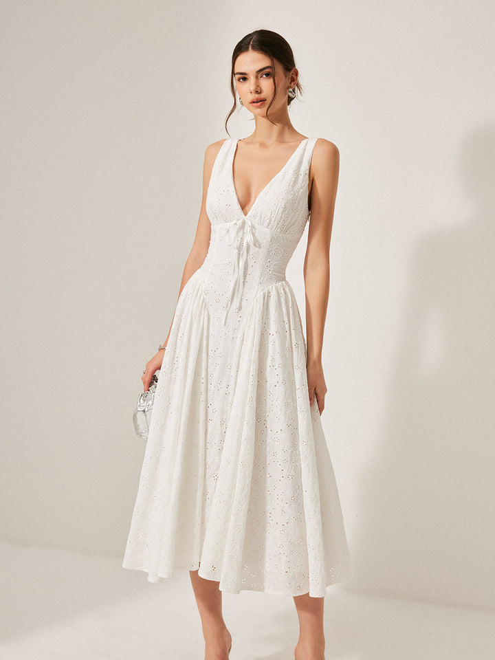 Cotton Embroidered Back Lace-Up Dress