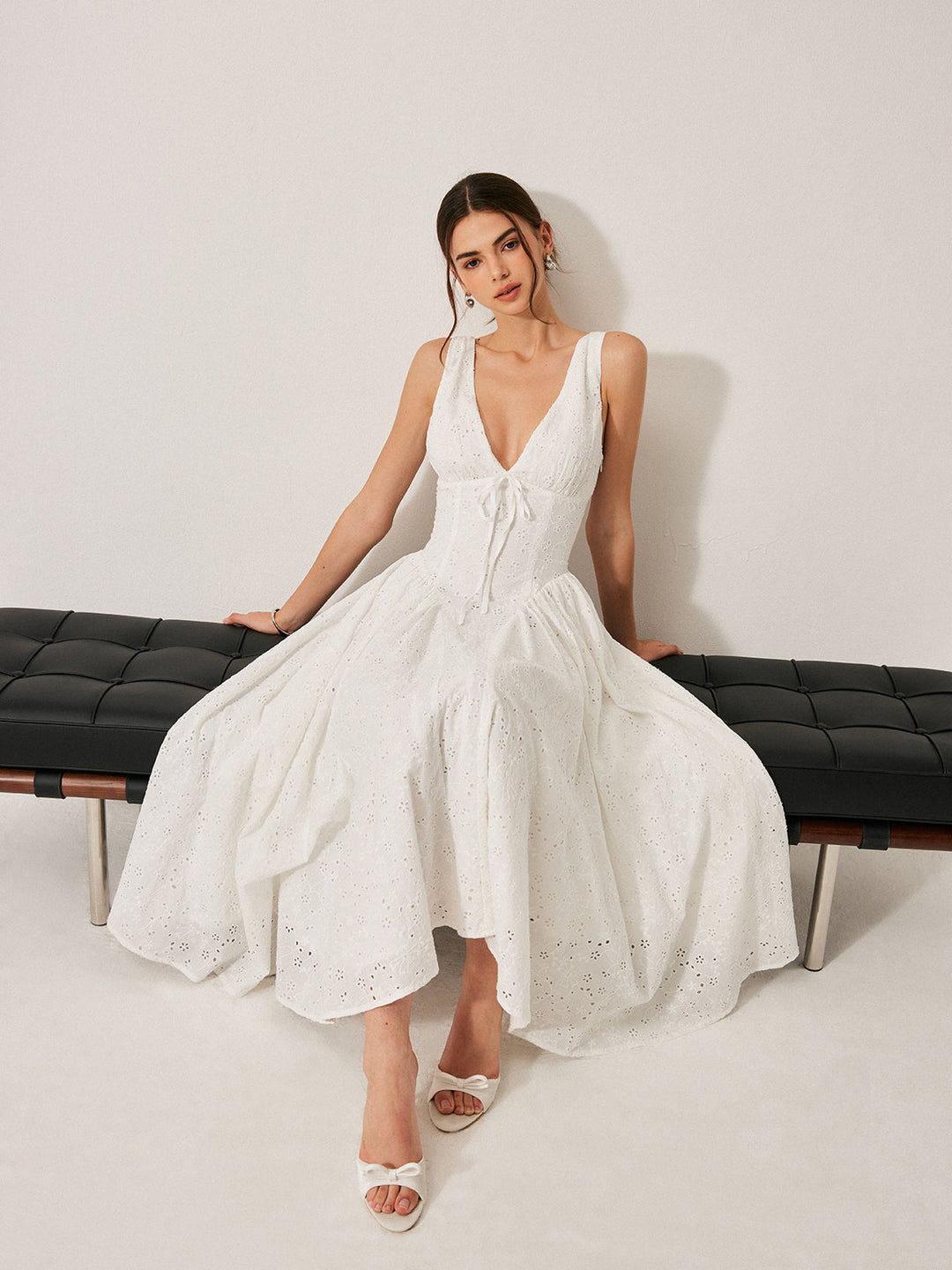 Cotton Embroidered Back Lace-Up Dress