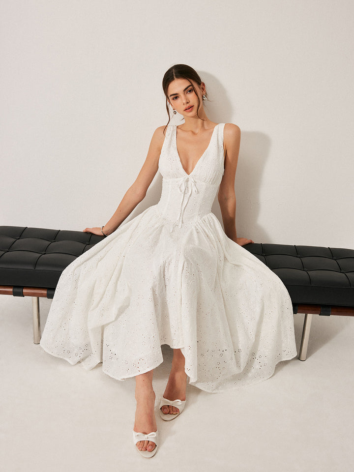 Cotton Embroidered Back Lace-Up Dress