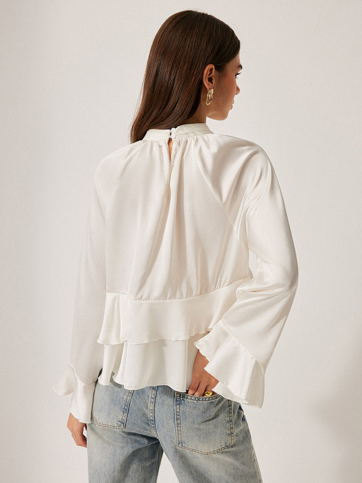 Stand Collar Button Ruffle Peplum Blouse
