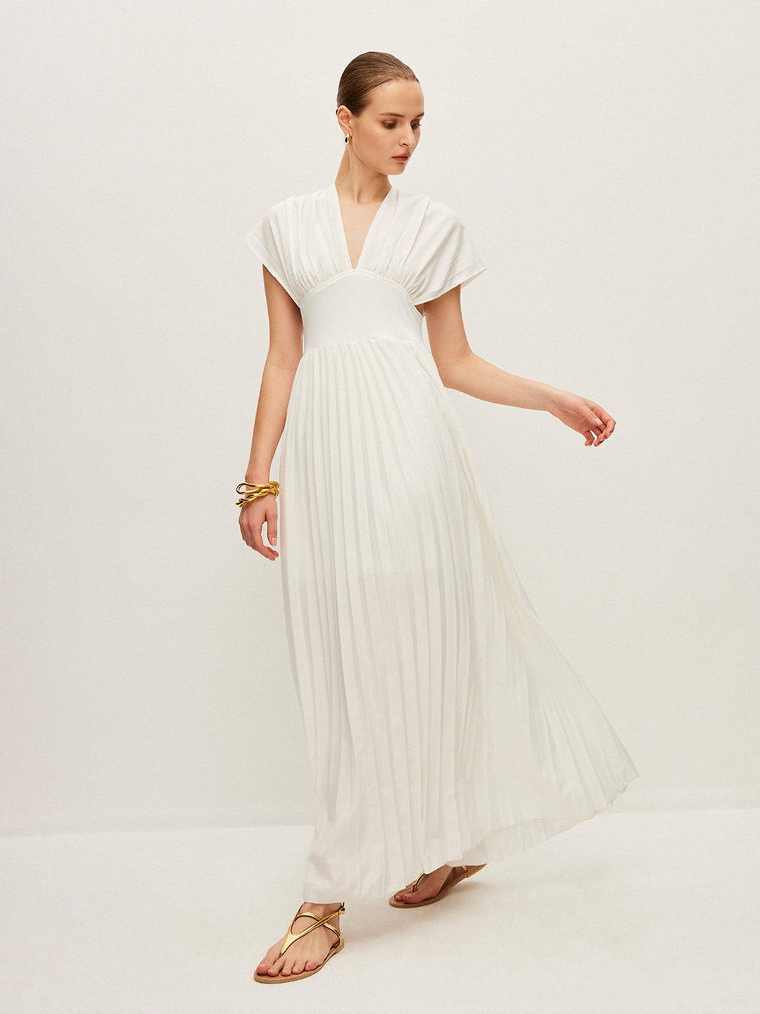 Pleated Cap-Sleeve Dress