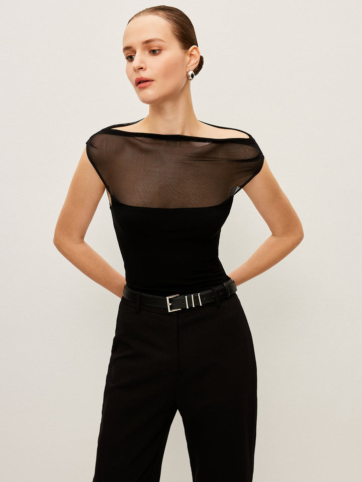 Semi-Sheer Mesh Panel Boat Neck T-Shirt