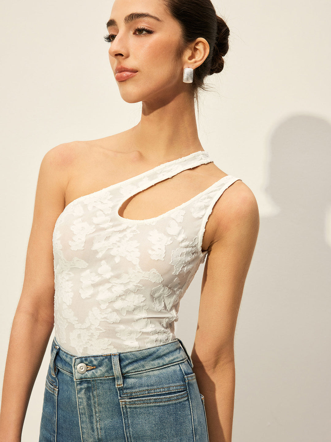Semi-Sheer One-Shoulder Asymmetrical Cut-Out Embroidery Tank Top