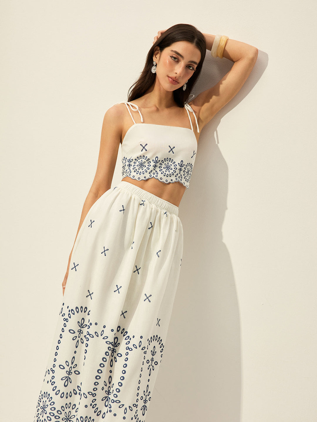 Embroidered Crop Top With Skirt Set