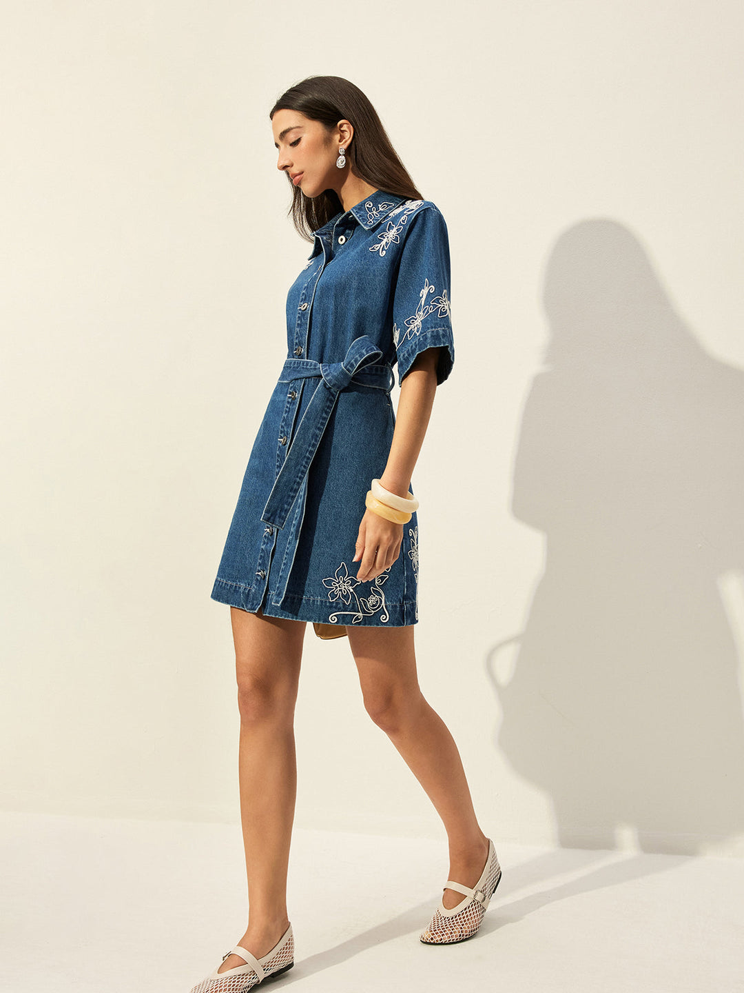Embroidered Denim Shirt Dress With Belt