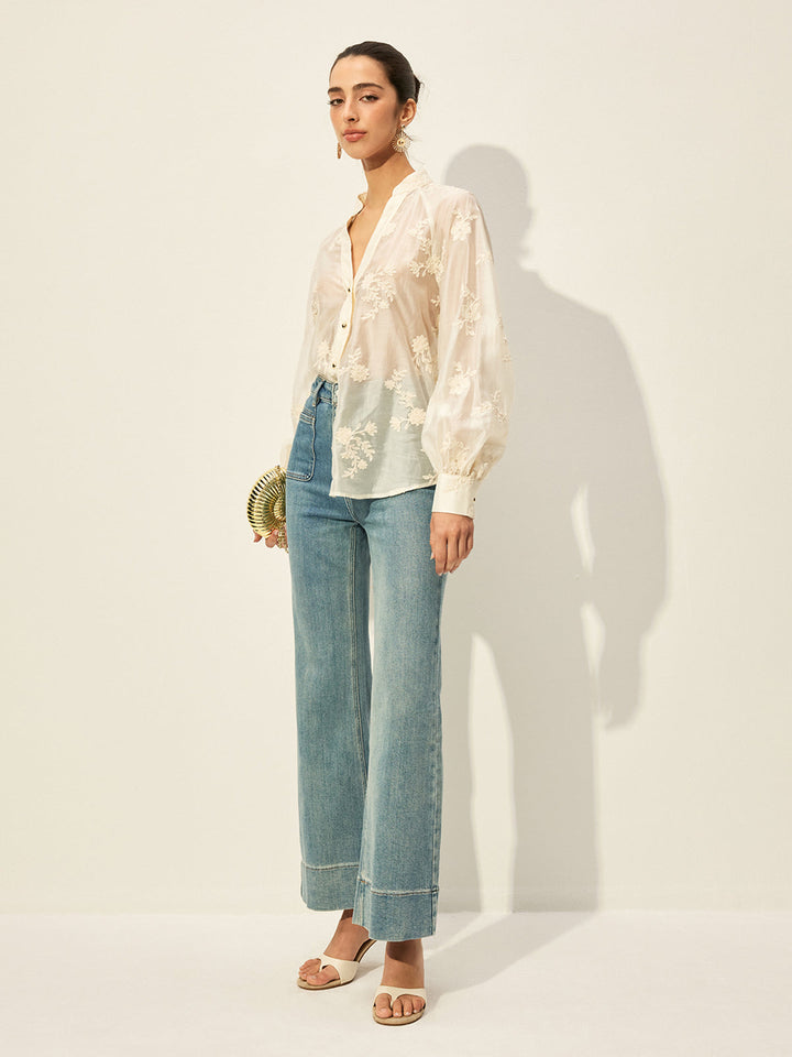 Semi-Sheer Embroidered Button-Front Blouse