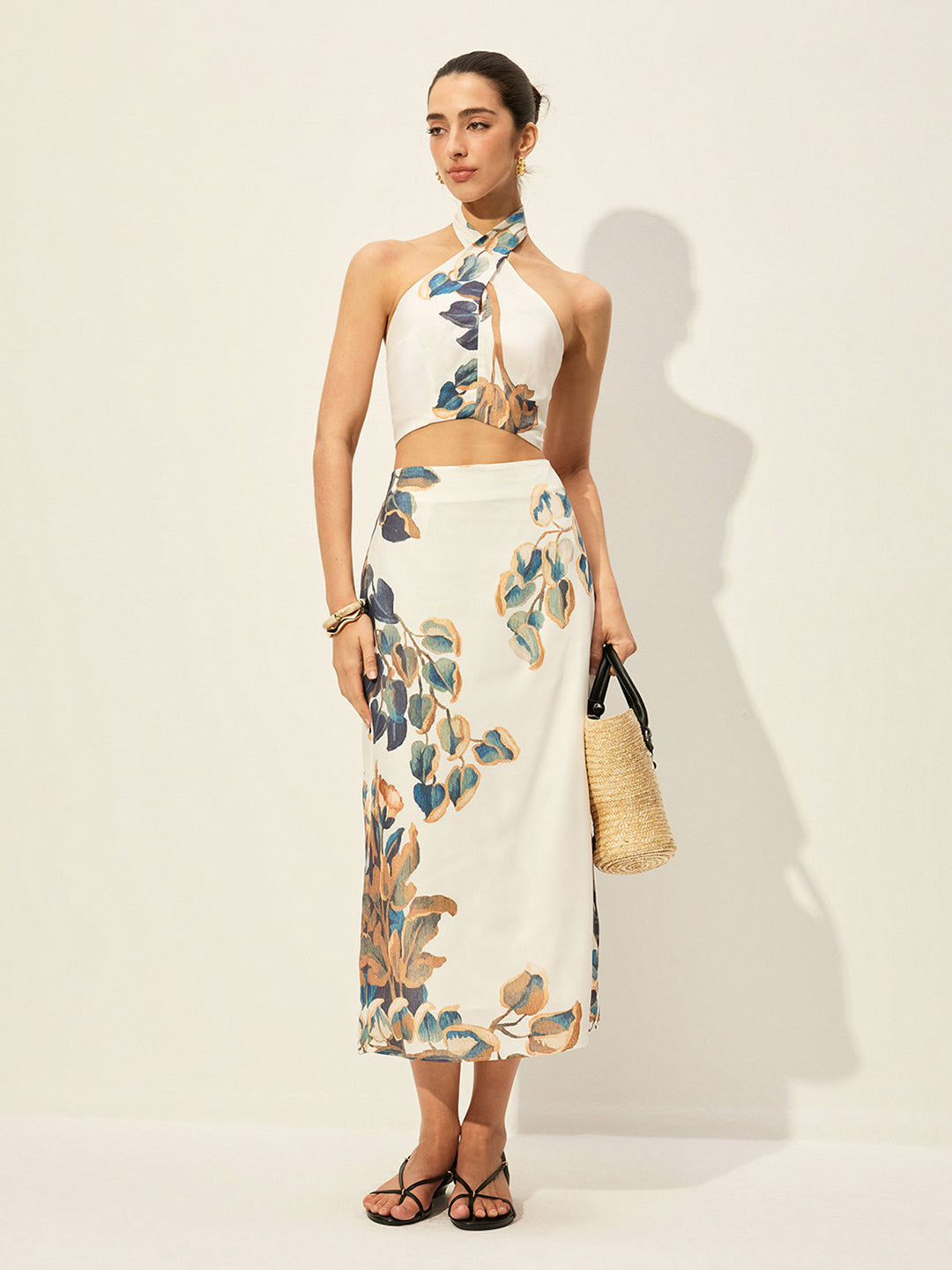 Floral Print Halter Top With Skirt Set
