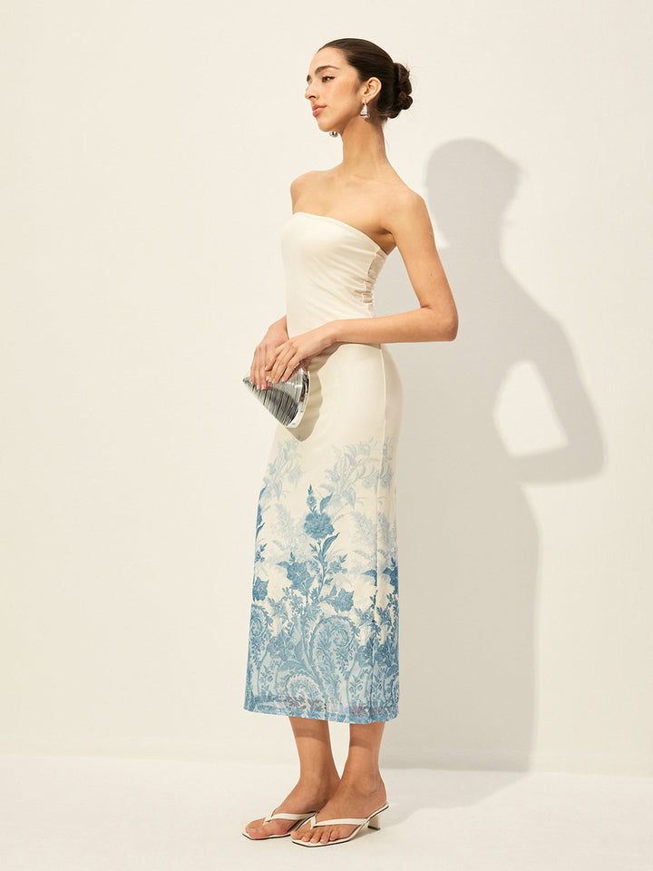 Strapless Mesh Dress With Floral Print Hem