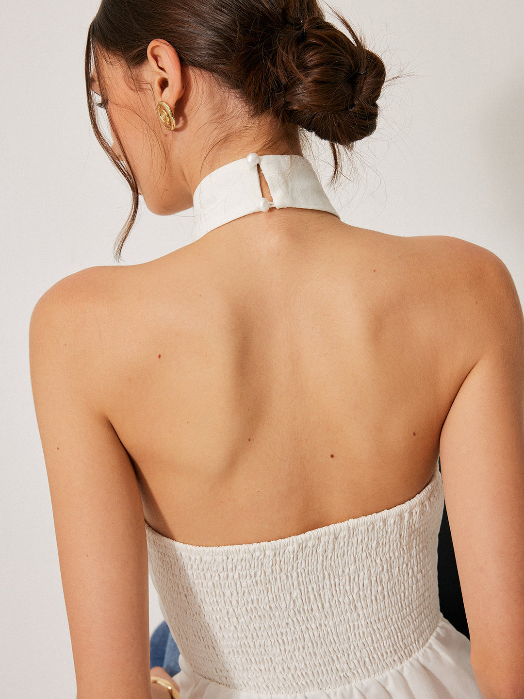 Cotton & Linen Cross-Back Halter Top With Decor Pockets