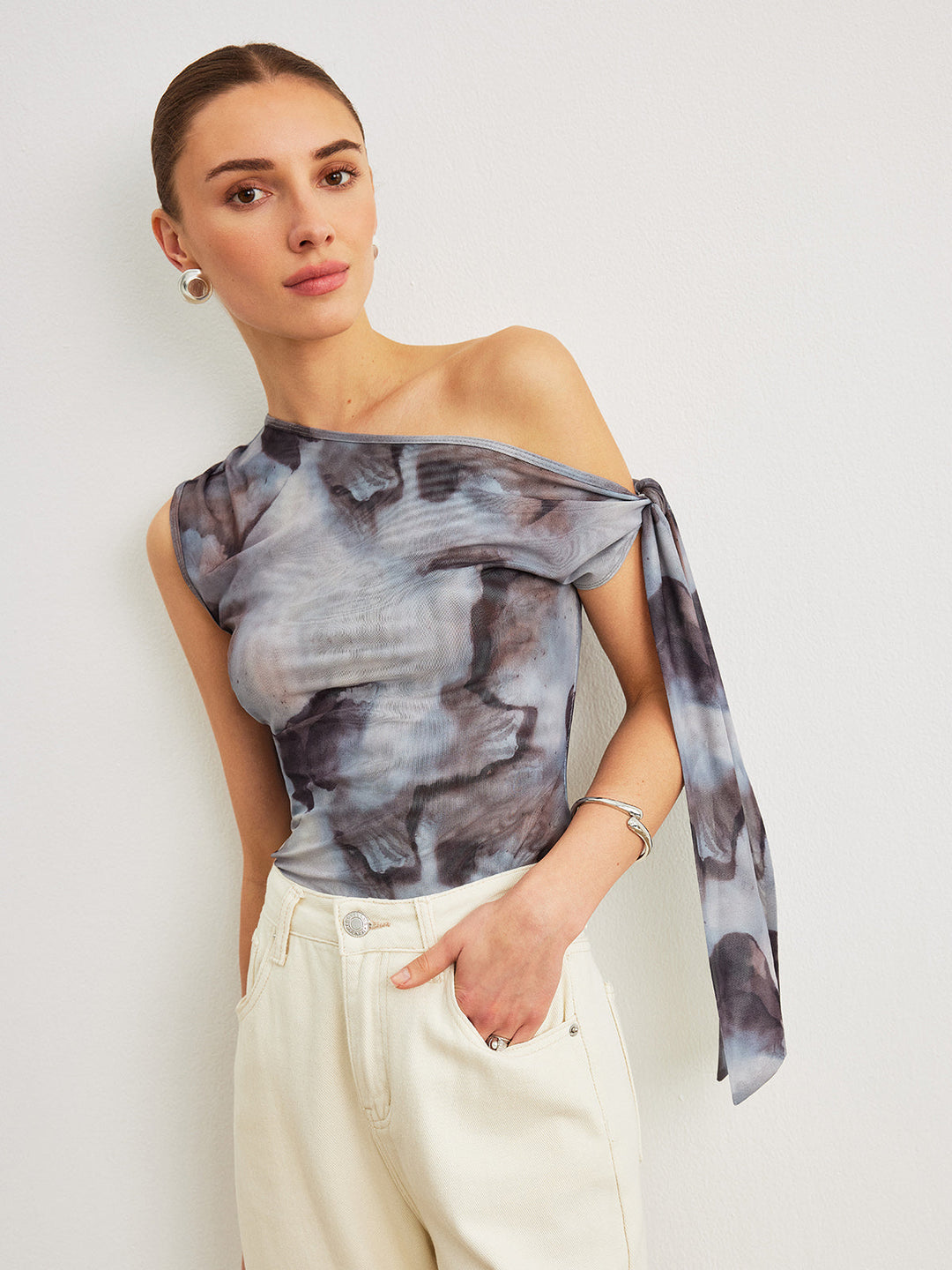 Boho Print  Asymmetrical Neck Mesh Draped Blouse