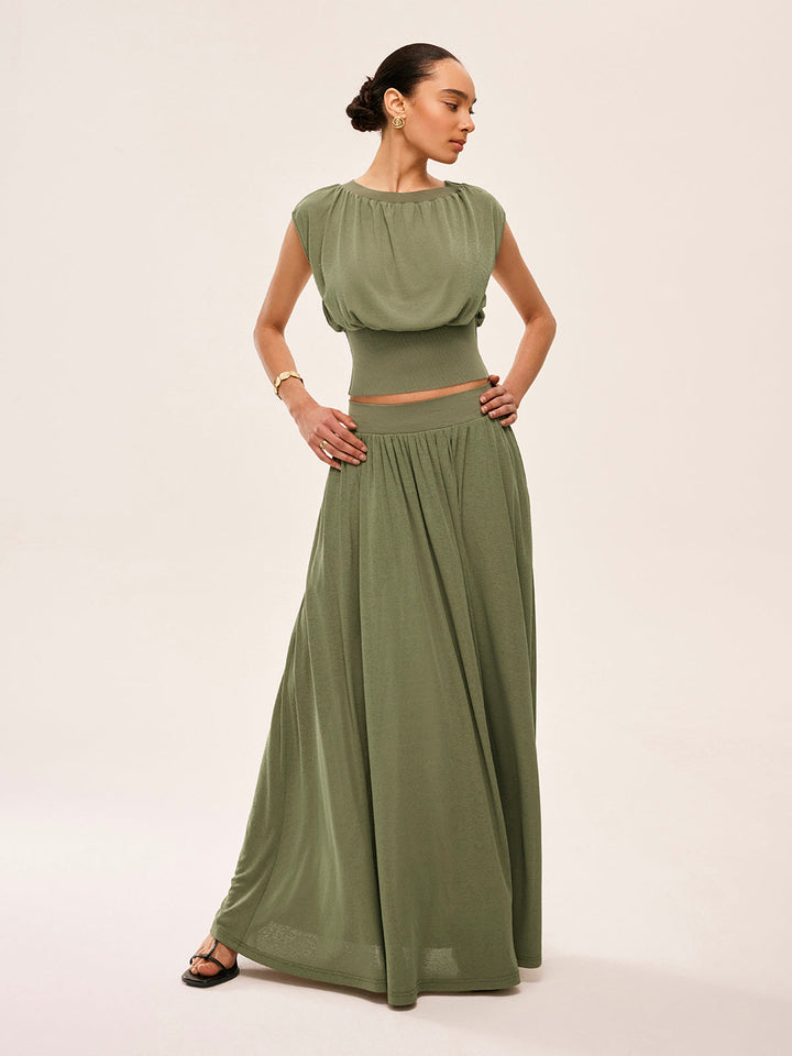 Gathered Waist Top With Flowy Skirt Set