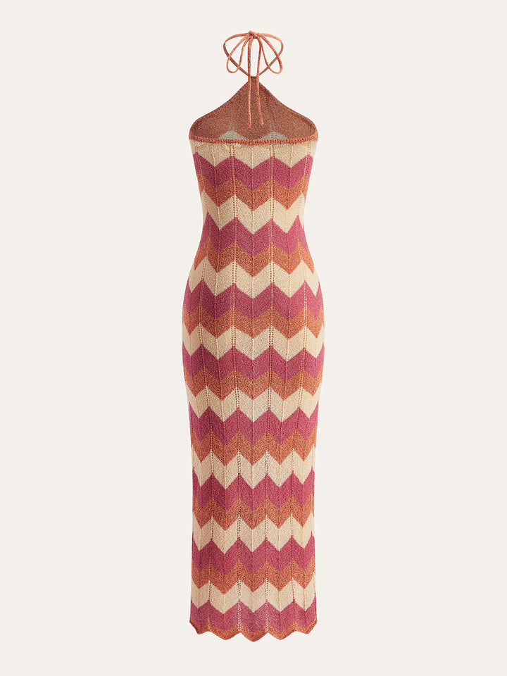 Color Block Halter Knotted Split Sweater Dress