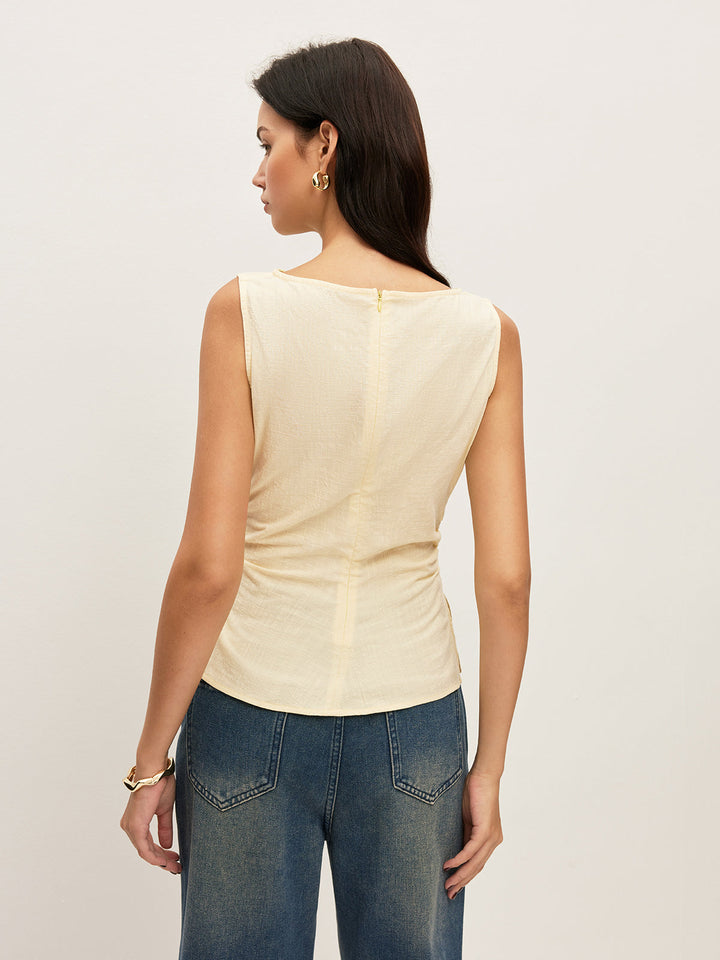 Cotton Solid Boat Neck Ruched Waist Sleeveless Blouse