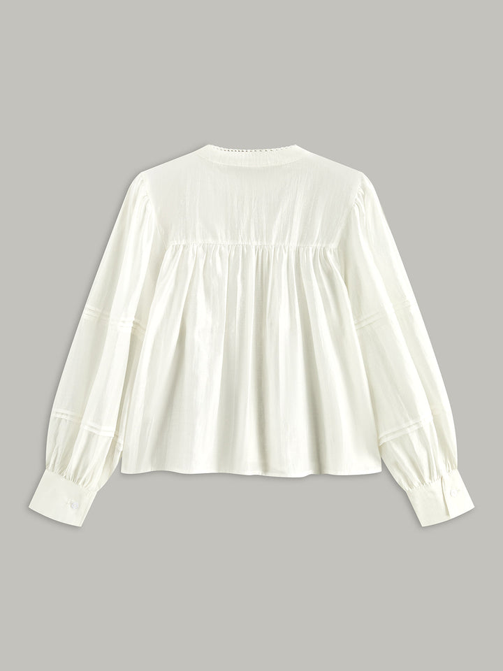 Pleated Lace Trim Button-Up Blouse