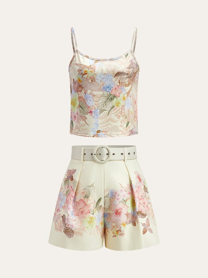 Floral Print Three-Piece Shorts Set With Belt