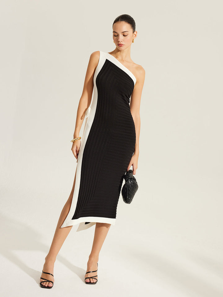 Side Tie Color-Block One-Shoulder Knit Dress