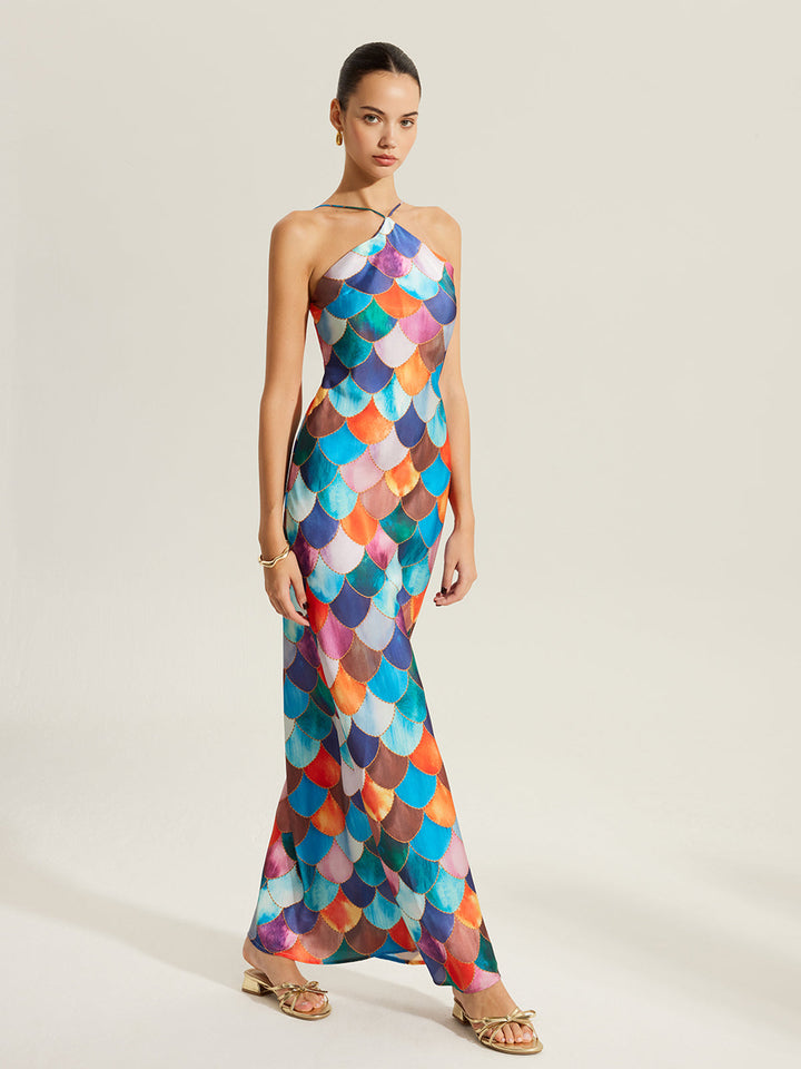 Colorful Scales Pattern Halter Dress