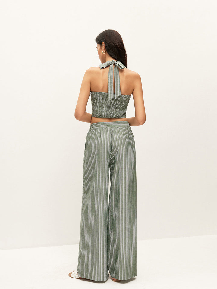 Striped Button-Detail Halter Top With Pants Set