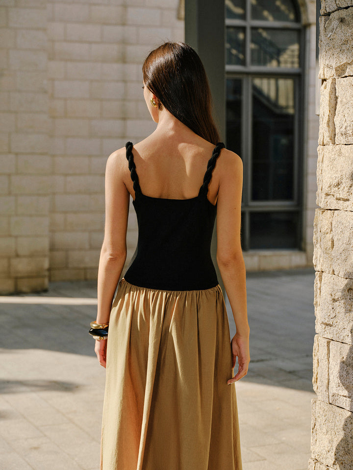 Linen & Cotton Panel Cowl Neck Metal Detail Sleeveless Dress
