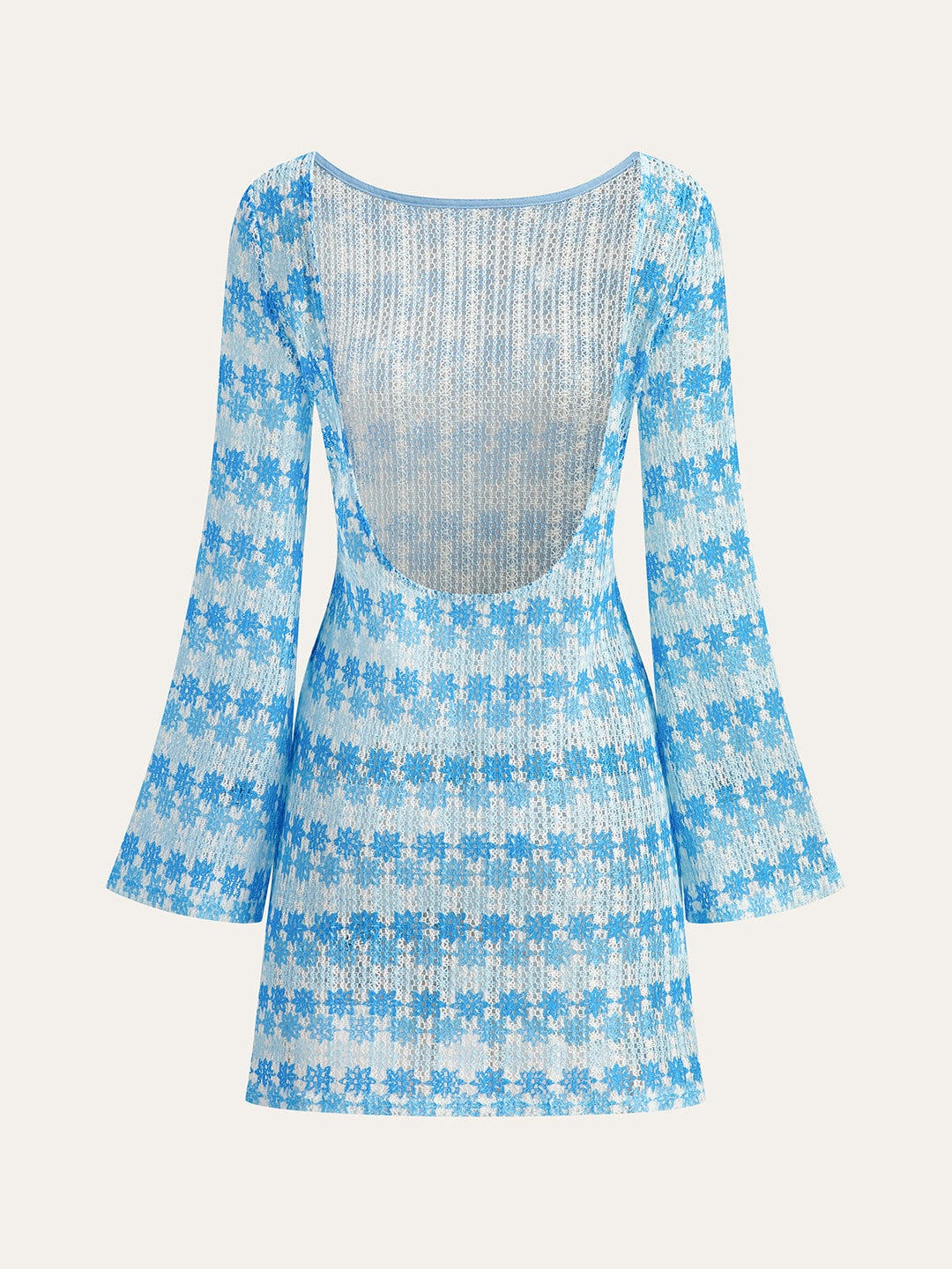 Semi-Sheer Backless Crochet Dress with Flared Sleeves
