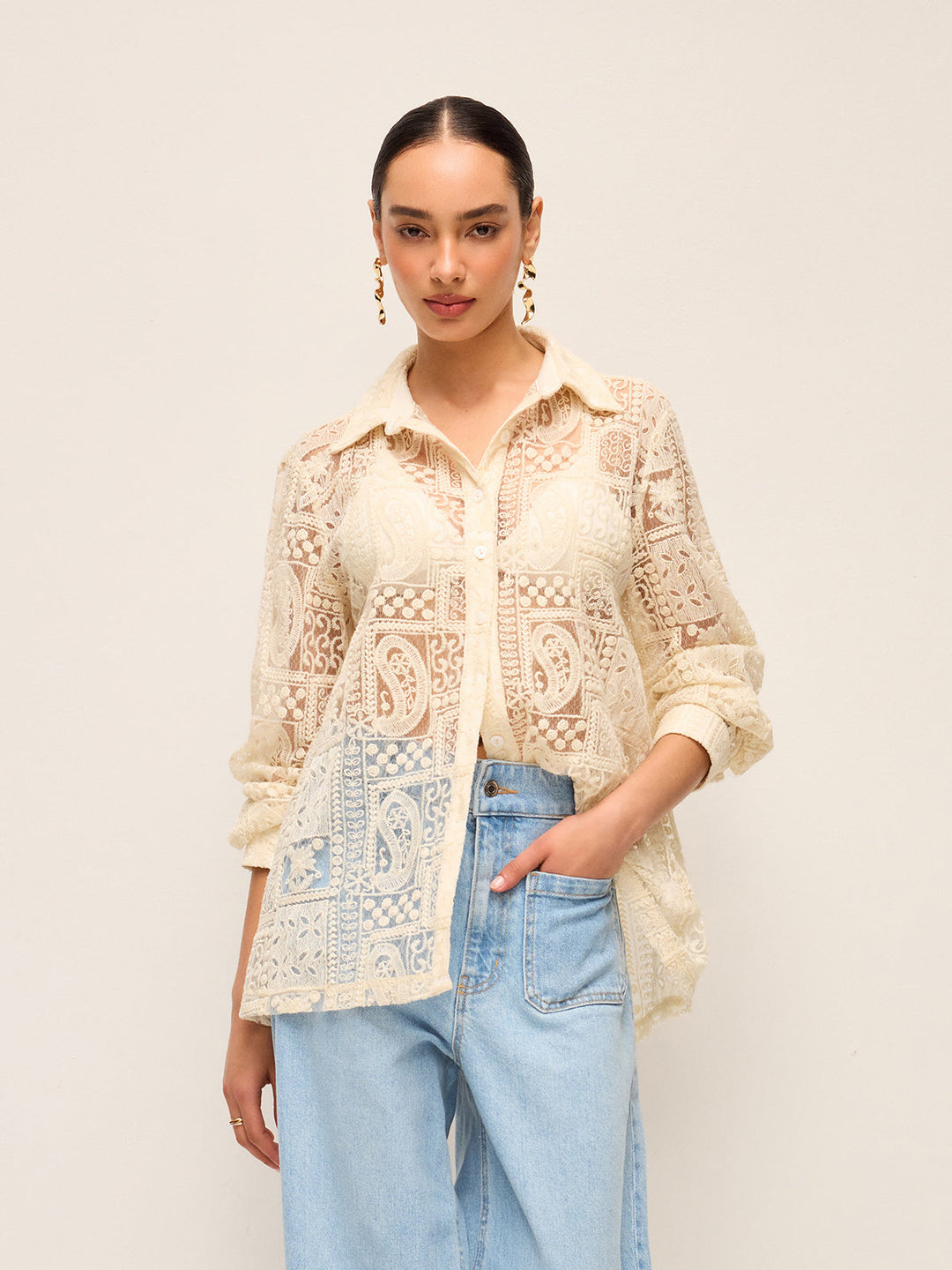 Long-Sleeve Lace Polo Collar Cotton-Blend Shirt