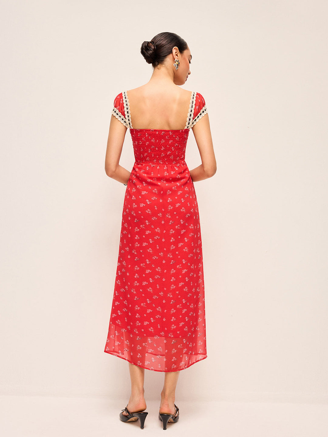 Floral Print Midi Dress with Lace Trim
