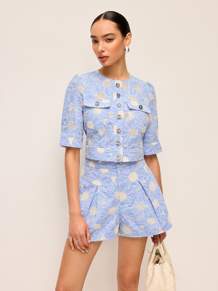 Floral Embroidered Button-Front Cropped Top