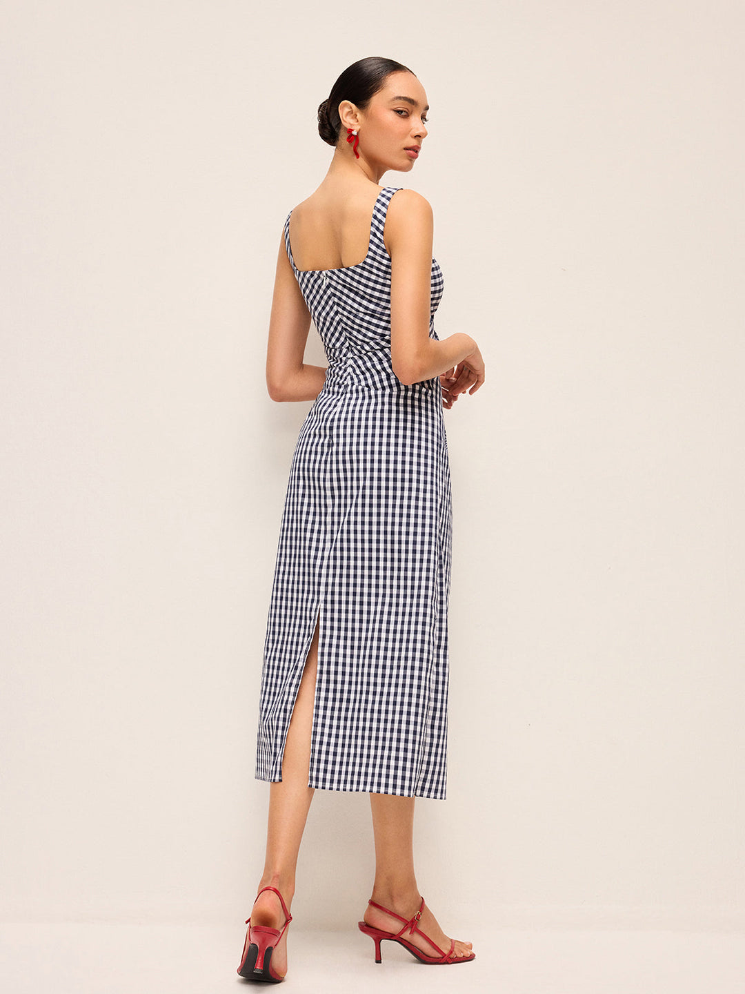 Sleeveless Gingham Dress With Asymmetric Pleats