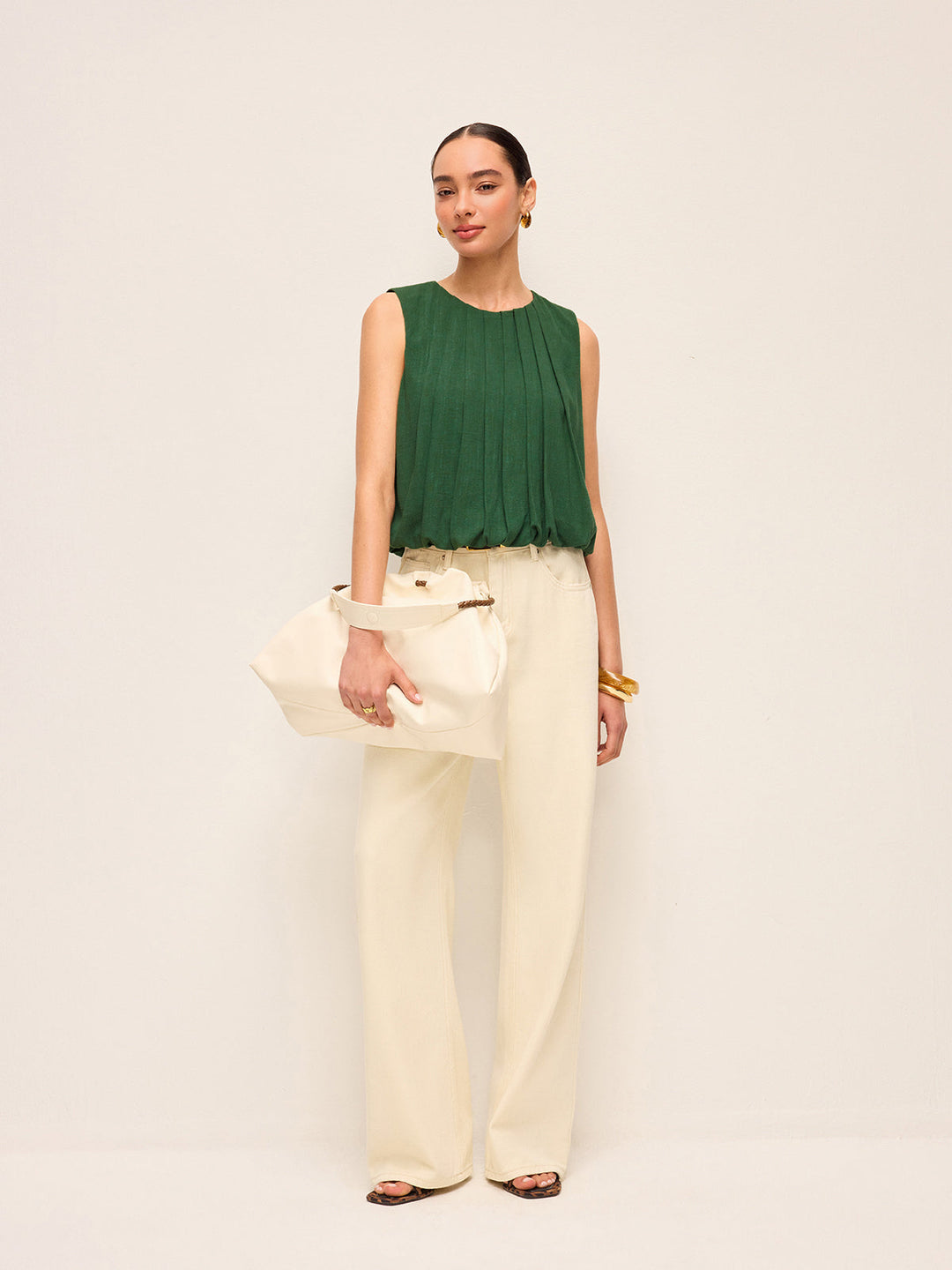 Pleated Cotton & Linen Sleeveless Top
