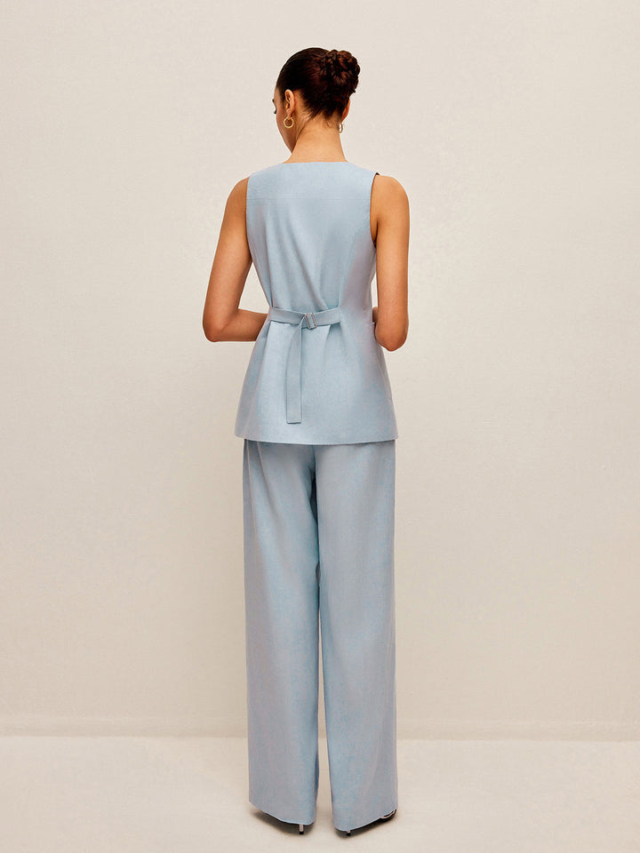 Cotton & Linen Tie-Back Vest With Pants Set