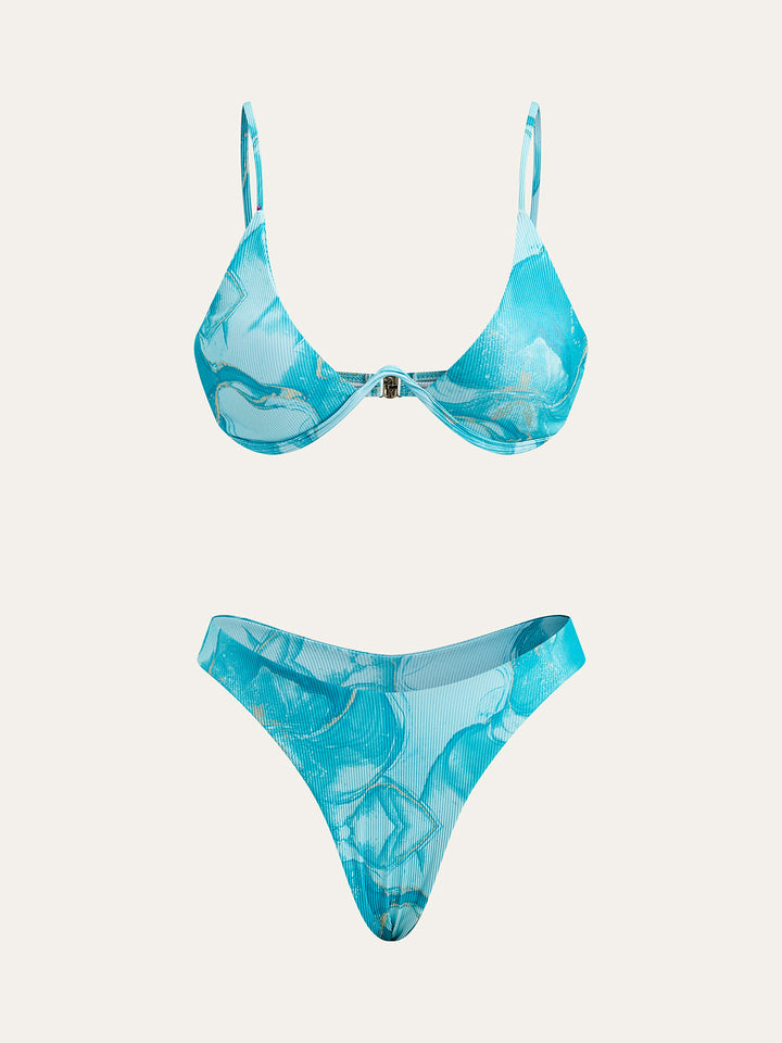 Marble Print Bikini Set With Cover-Up Skirt