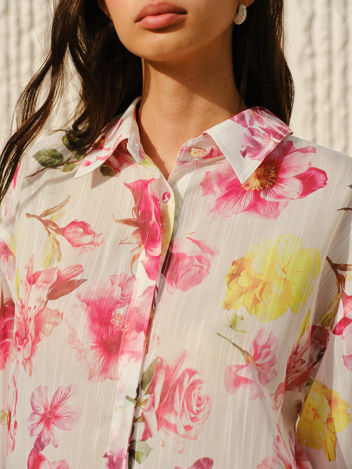 Semi-Sheer Floral Print Long-Sleeve Button Shirt