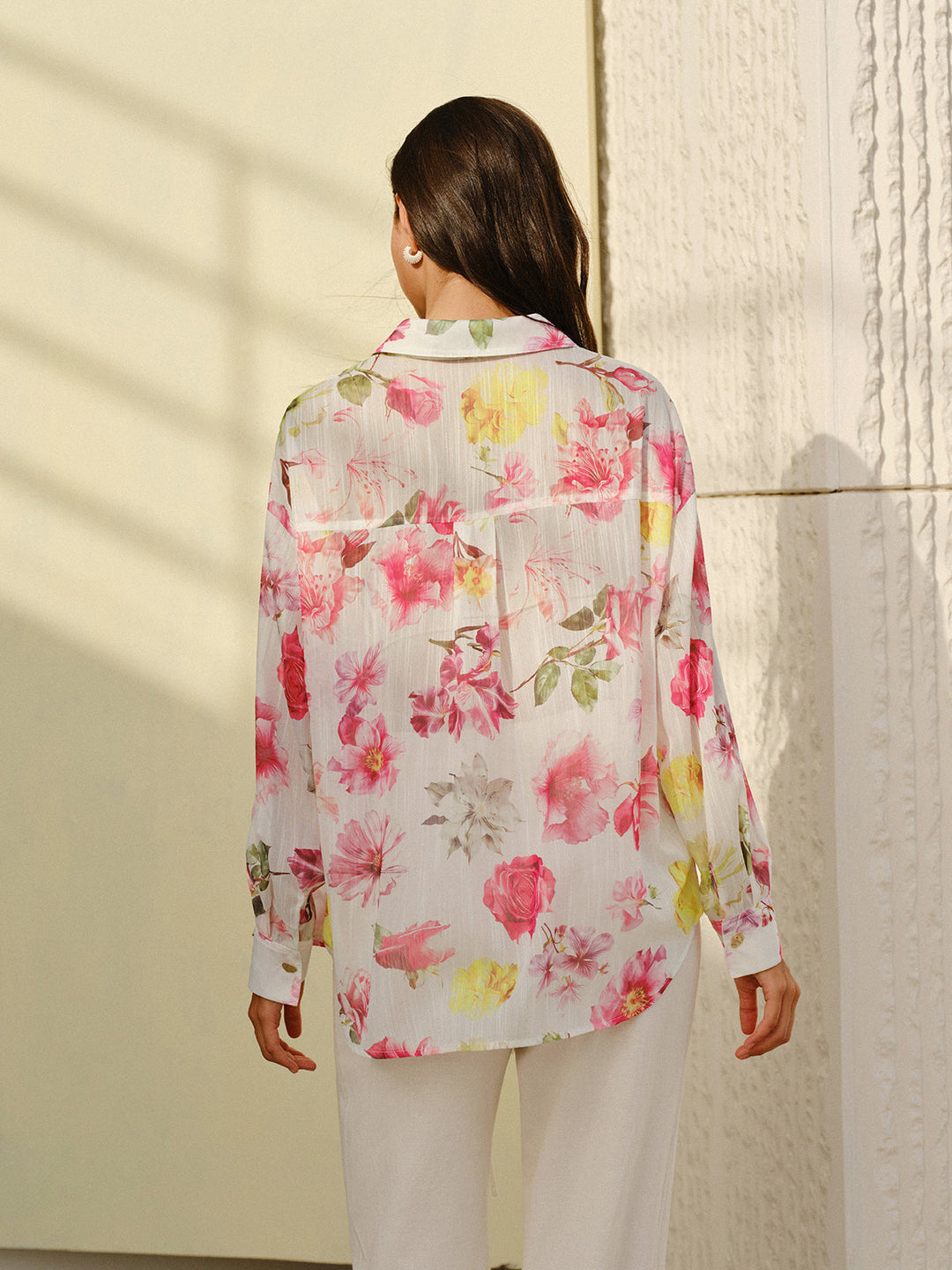 Semi-Sheer Floral Print Long-Sleeve Button Shirt