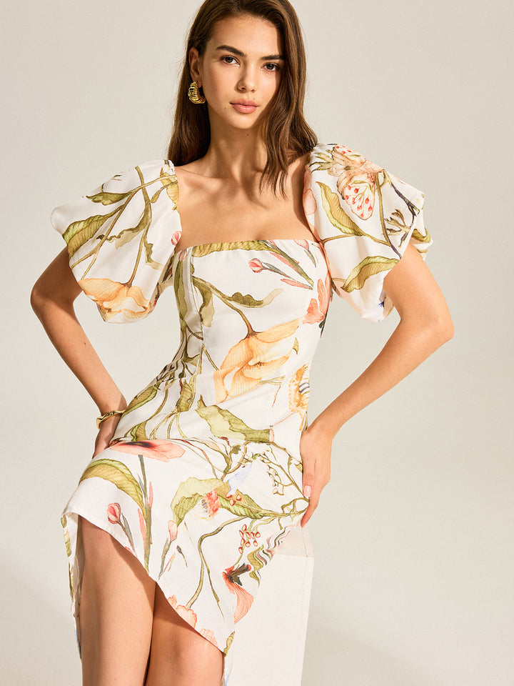 Floral Puff Sleeve Backless Dress
