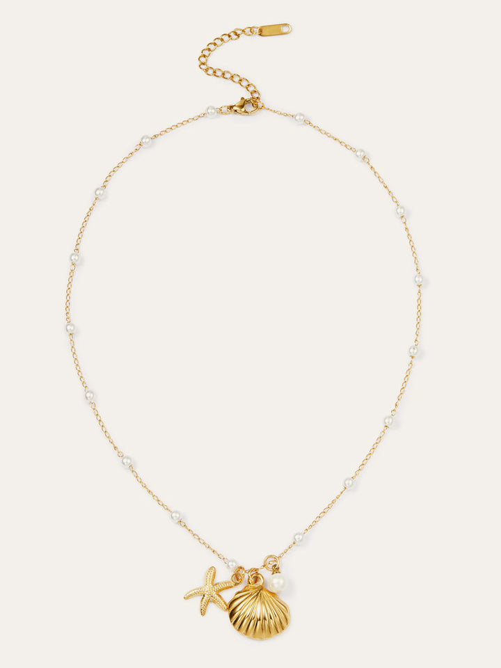 Golden Shell & Starfish Necklace With Pearls