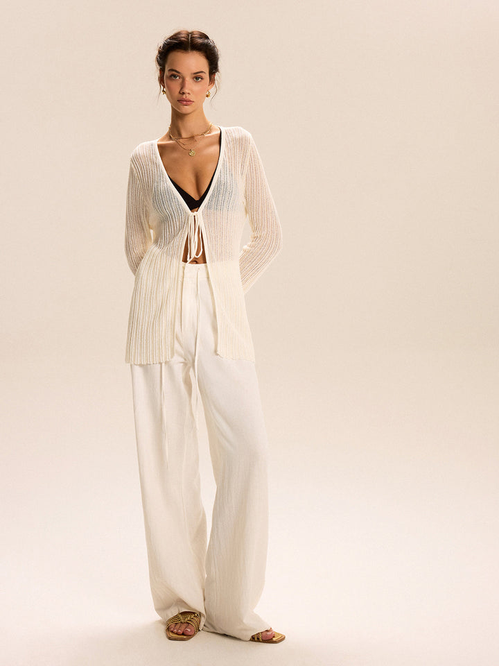 Sheer Ribbed Knit Cardigan With Tie-Front
