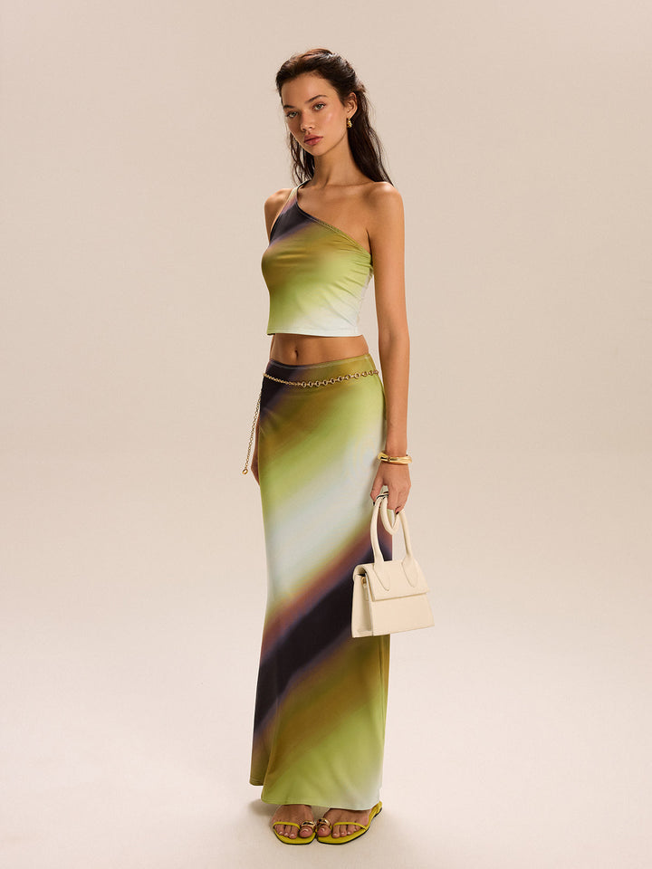 Gradient Print One-Shoulder Skirt Set