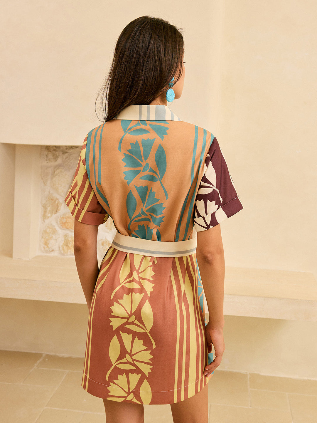 Abstract Print Belted Striped Dress