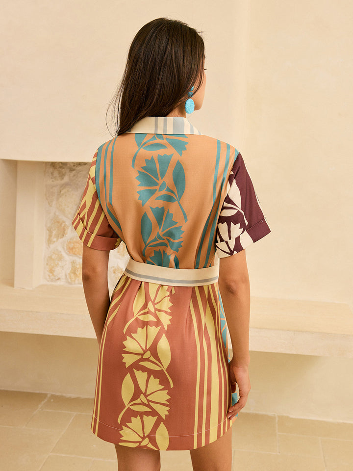 Abstract Print Belted Striped Dress