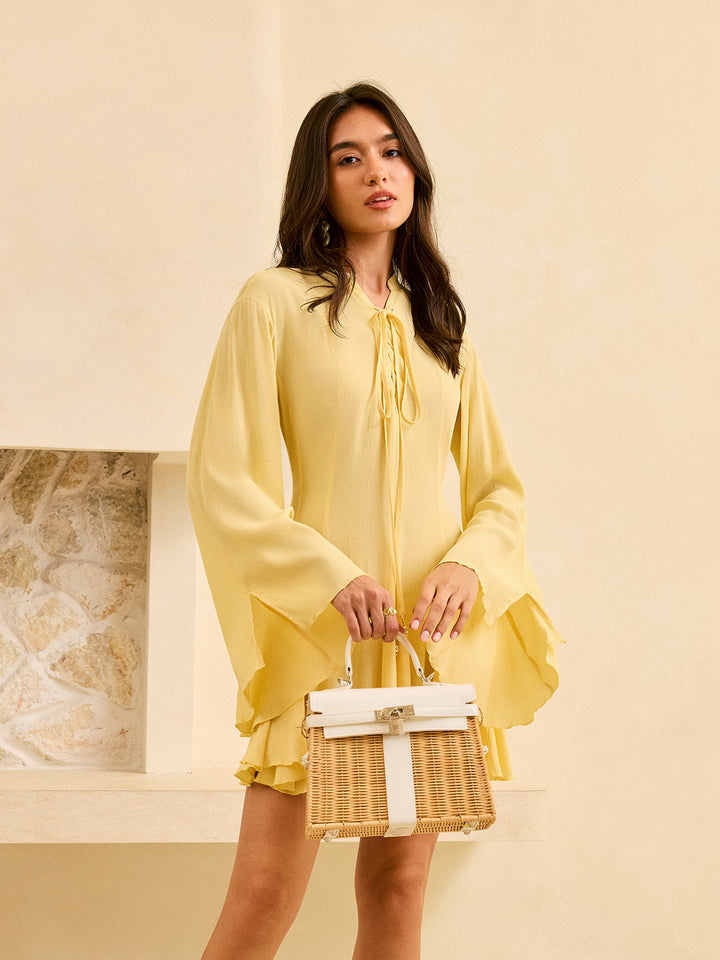 Tie-Front Flared Sleeve Dress