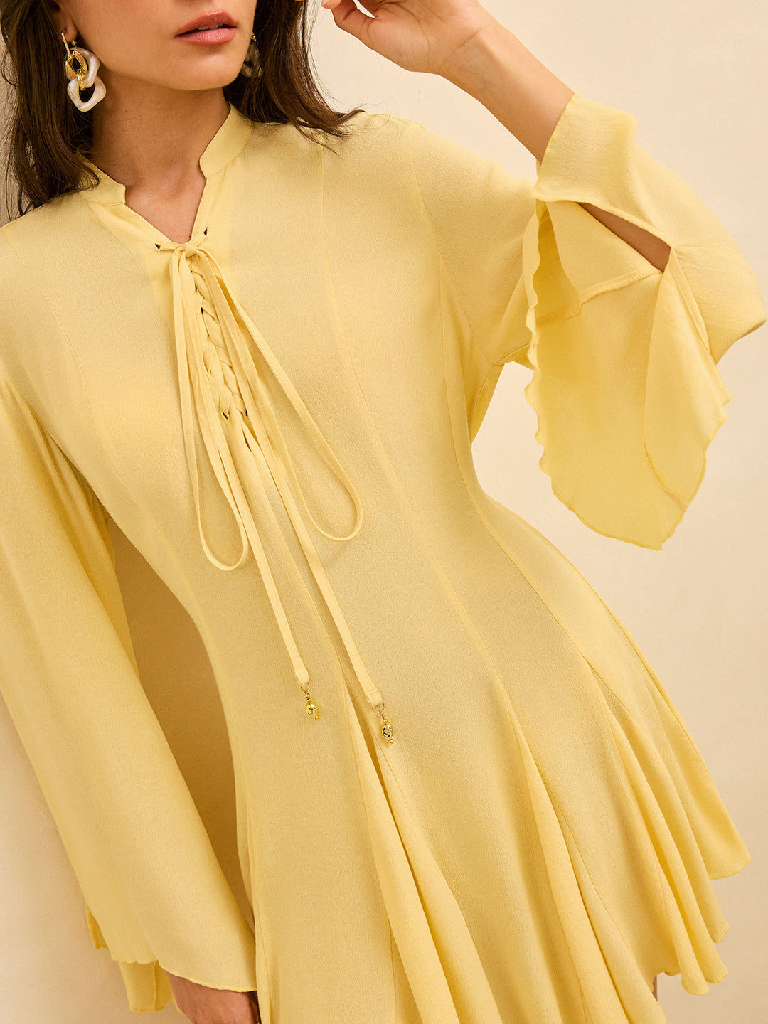 Tie-Front Flared Sleeve Dress