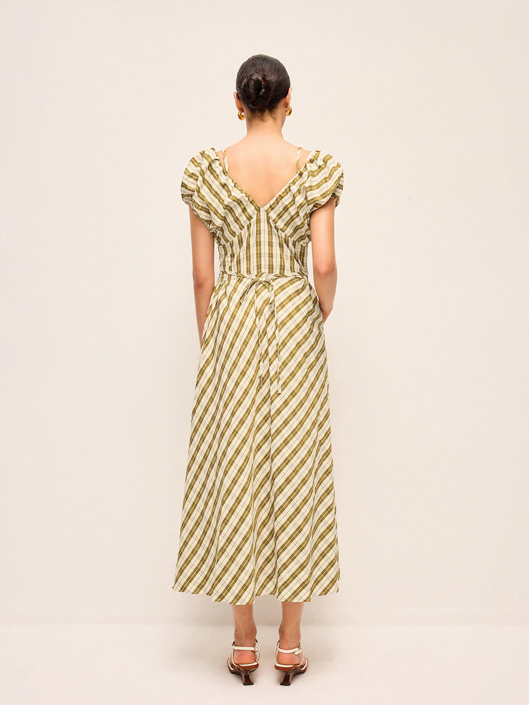 Sweetheart Neck Puff Sleeve Plaid Dress Without Belt