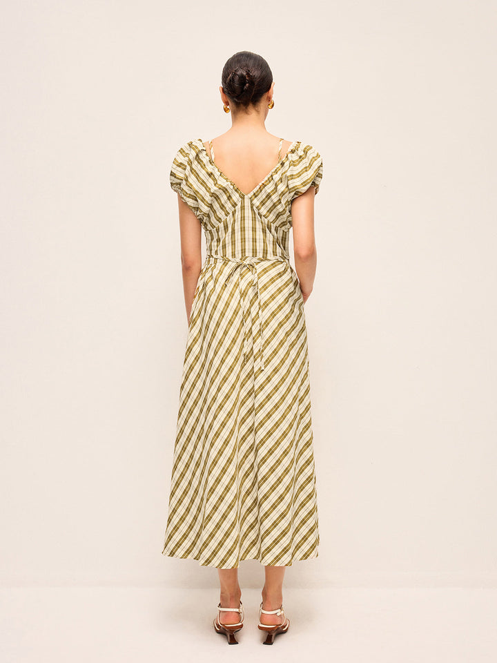 Sweetheart Neck Puff Sleeve Plaid Dress Without Belt