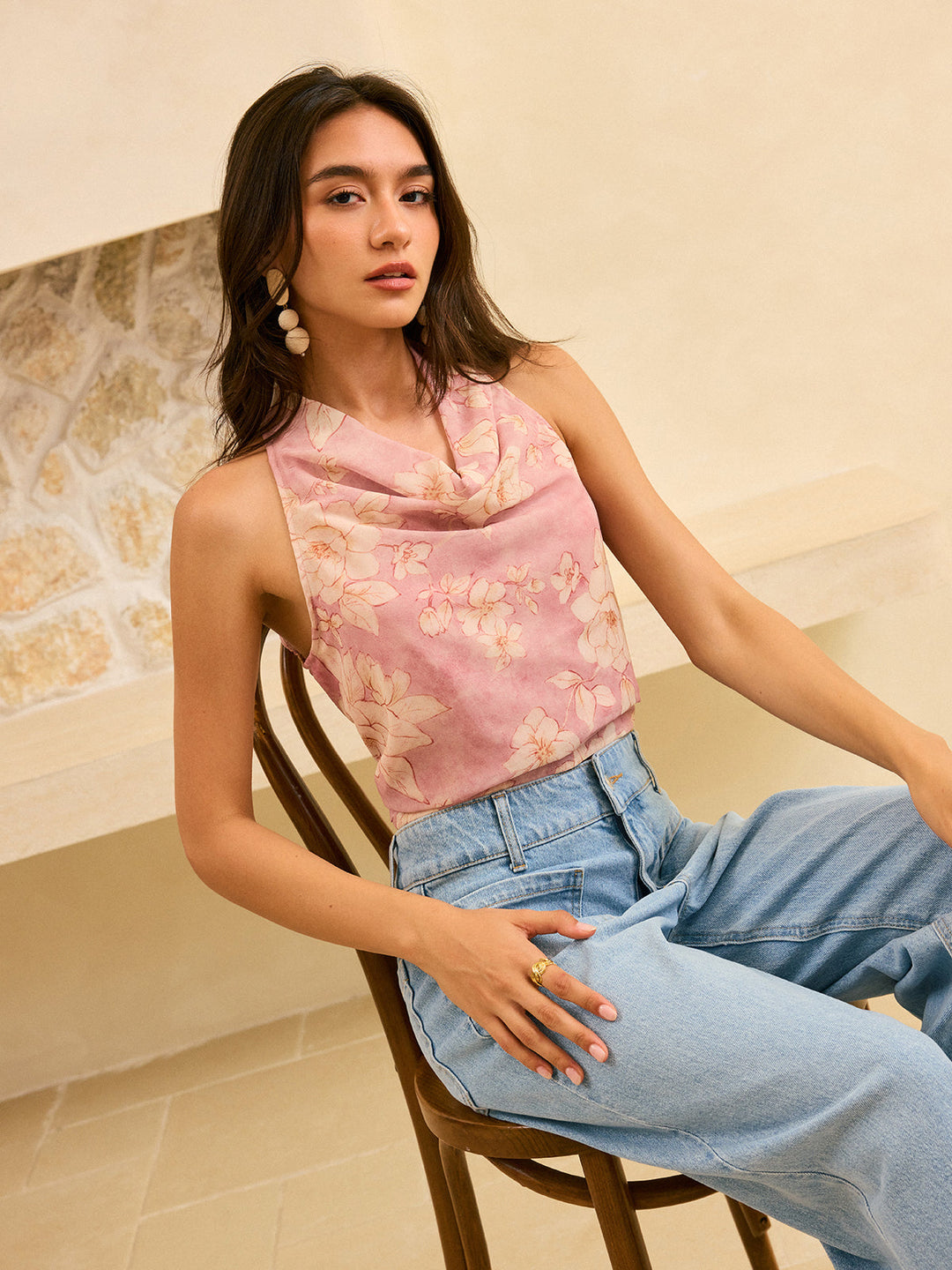 Floral Print Cowl Neck Top