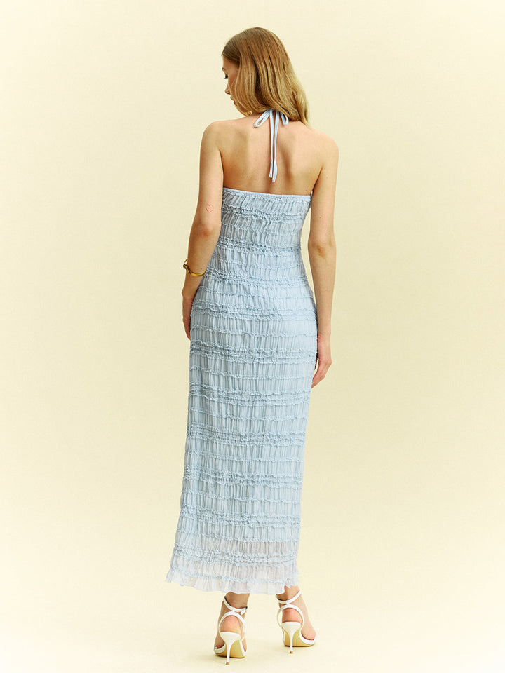 Textured Ruffled Chiffon Halter Neck Maxi Dress