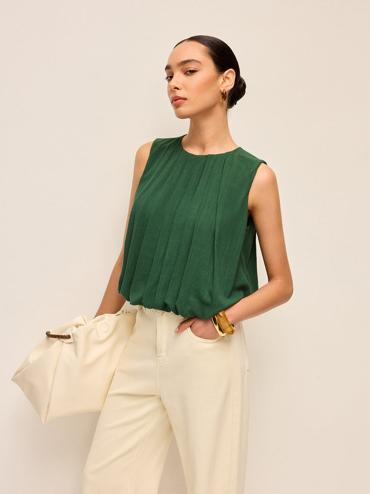 Pleated Cotton & Linen Sleeveless Top