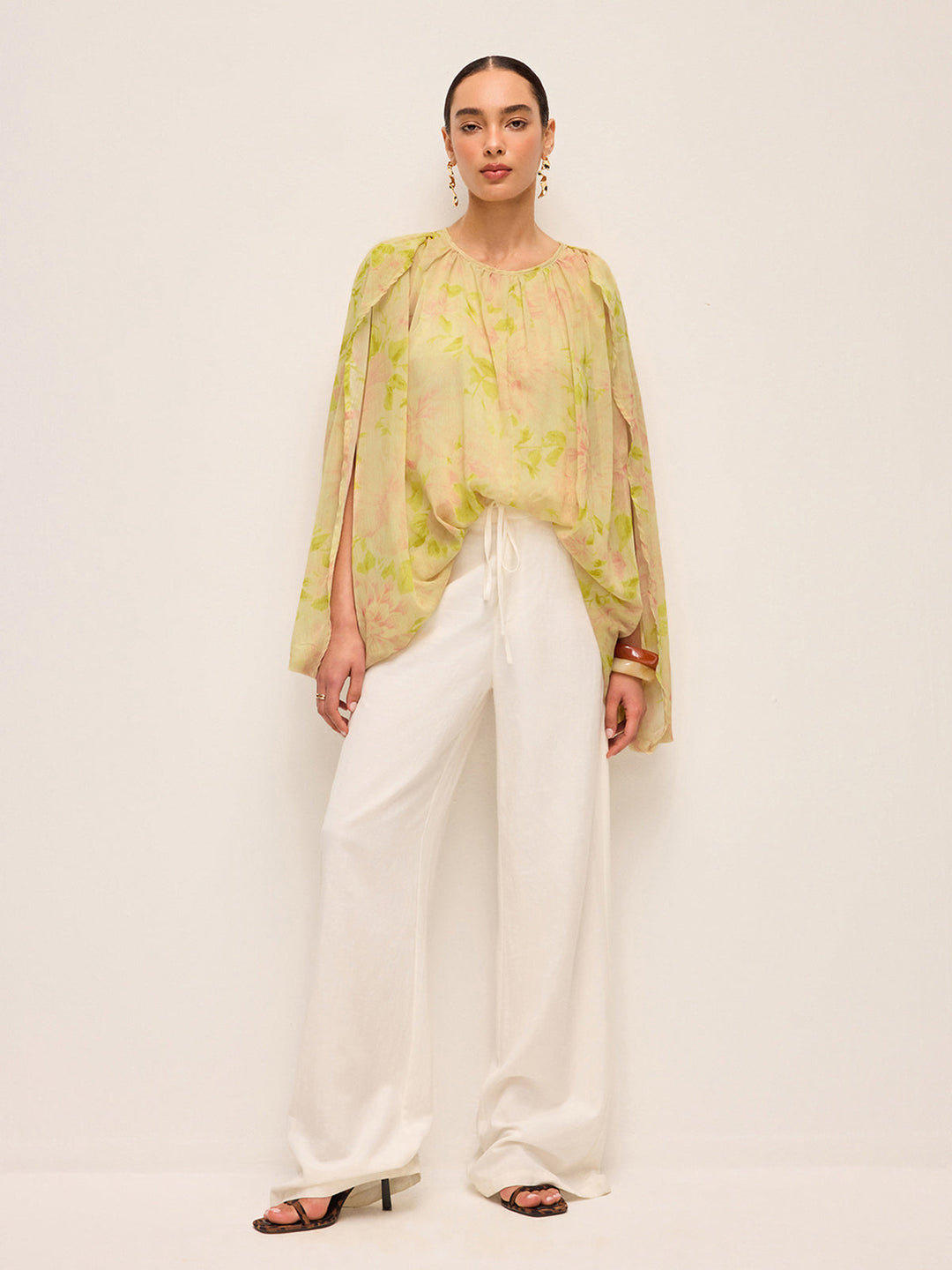 Semi-Sheer Chiffon Floral Drape Sleeve Blouse